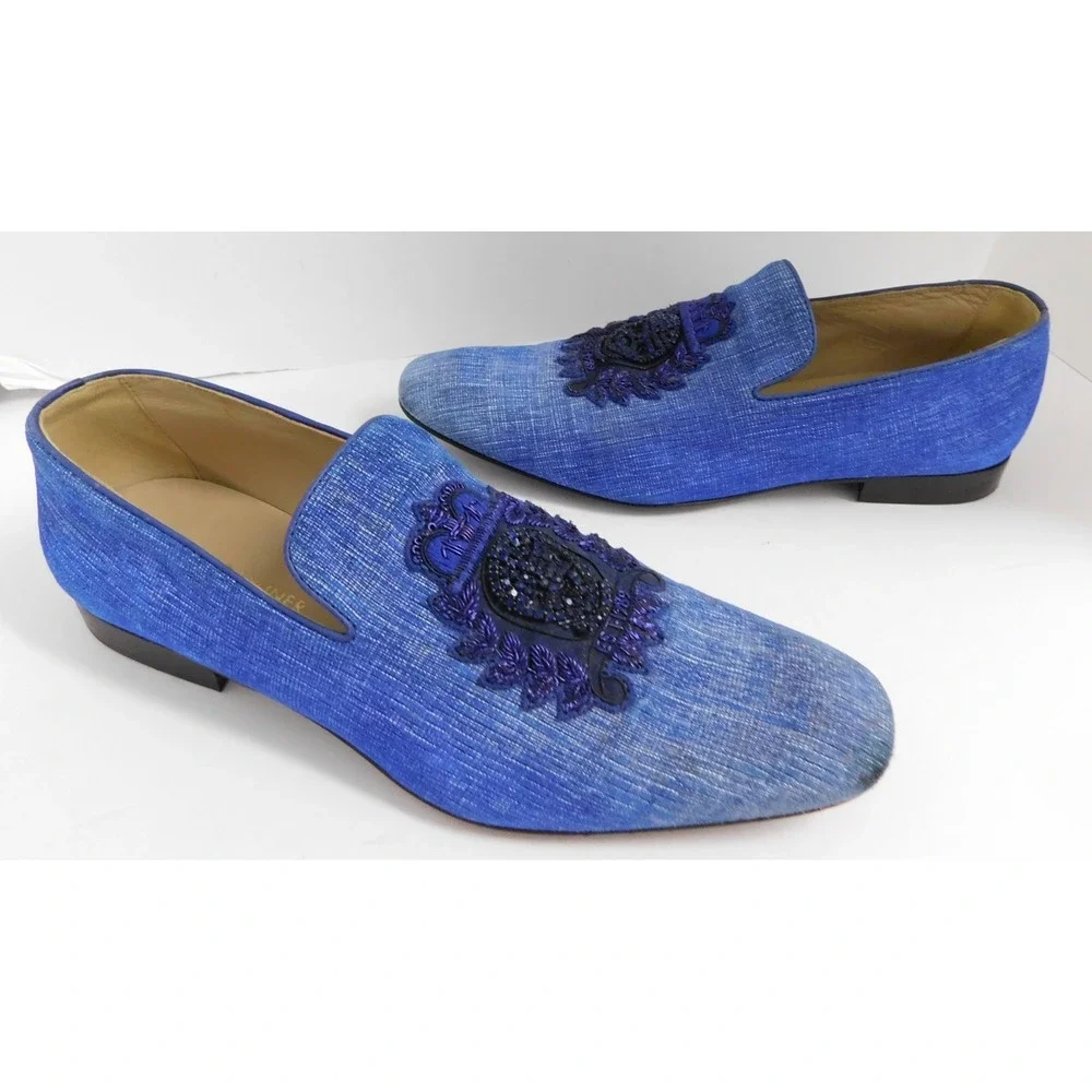 Donald J Pliner PAZANOSP Embellished Crest Linen Loafer, Blue $525rt sz 9.5M‎